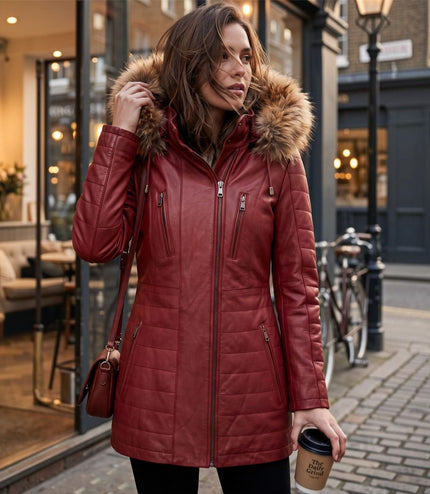 Womens Red Slim Fit Leather Hooded Parka Jacket-Northam