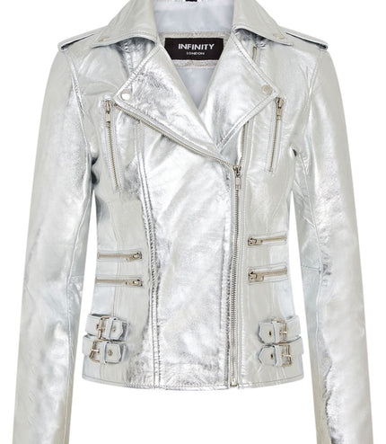Womens Leather Brando Biker Jacket-Orlando - Silver