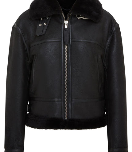 Womens Black B3 Shearling Sheepskin Leather Aviator Bomber Flying Jacket