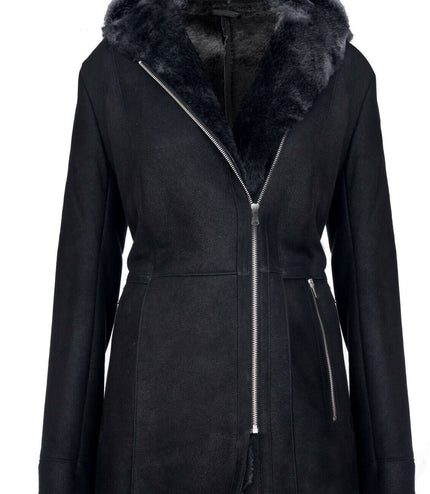Womens Black Hooded Merino Sheepskin Jacket-Mandalay