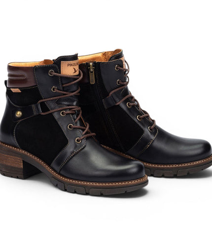 Pikolinos Women’s Black Leather Zip & Lace Up Heel Ankle Boots - San Sebastia