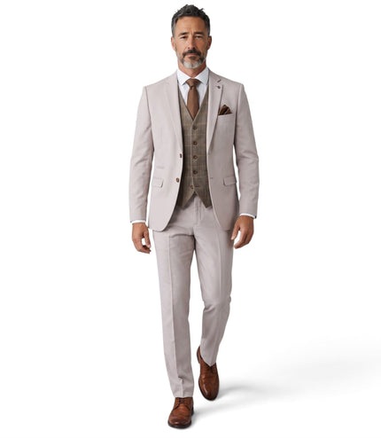 Mens Stone Suit with Harris Brown Tweed Waistcoat Wedding Suit - Mayfair