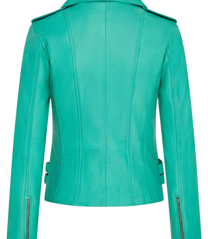 Womens Leather Brando Biker Jacket-Orlando - Aqua
