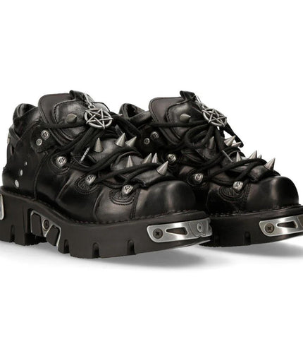 New Rock Black Leather Spiked Ankle Boots - 110-S1
