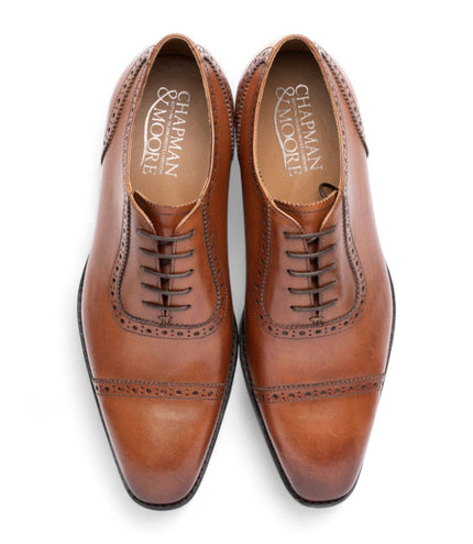 Chapman & Moore Men's Tan Brown Leather Semi-Brogue Cap-Toe Oxford Shoes
