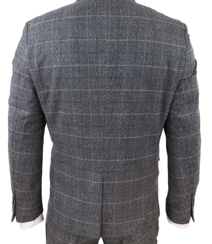 Mens 3 Piece Grey With Blue Check Vintage Classic Suit