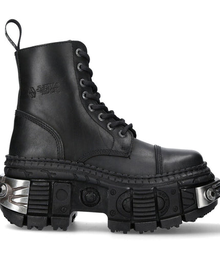 New Rock Metallic Black Leather Boots-WALL083C-S4