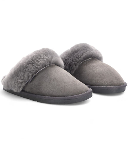 Women's Genuine Sheepskin Grey Suede Mule Winter Slippers - Luna