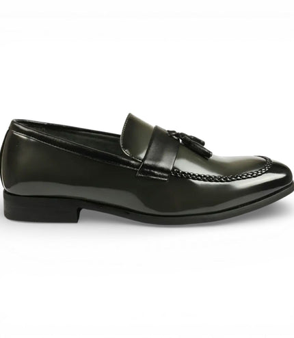 Mens Olive Tassel High-Gloss Patent Faux Leather Formal Loafers Shoes
