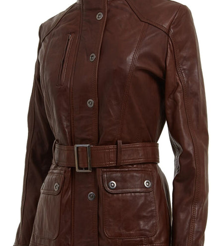 Womens Military Style Leather Biker Jacket-Phoenix - Brown