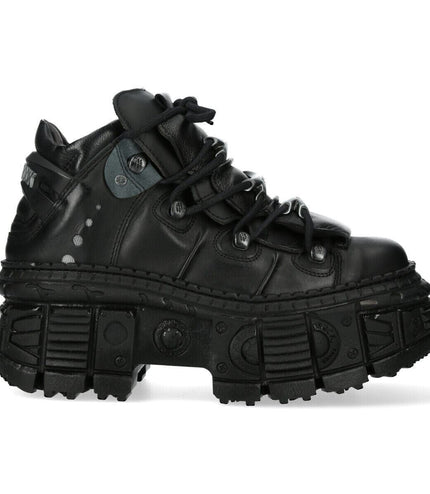 New Rock Metallic Ankle Black Leather Boots-WALL106-S12