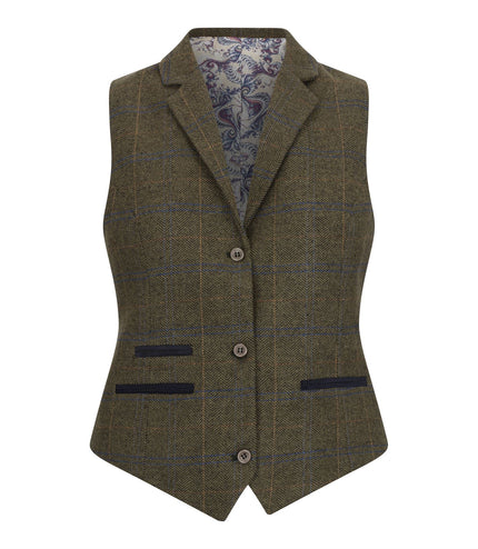 Women's Olive 2 Piece Set Tweed Blazer Waistcoat in Herringbone Check