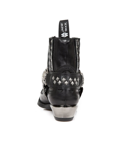 New Rock Studded Black Leather Western Biker Boots-7950-S1