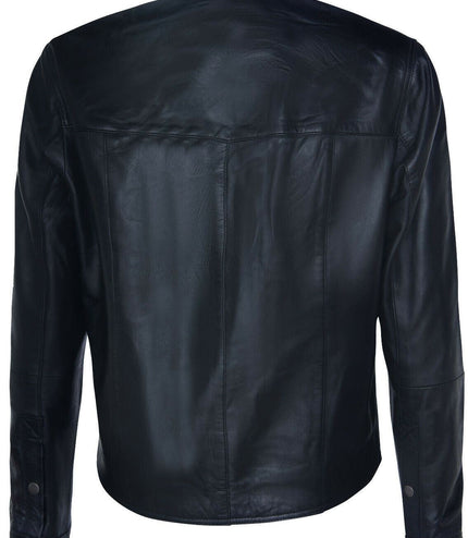 Mens Retro Leather Shirt Jeans Jacket-Beijing - Black