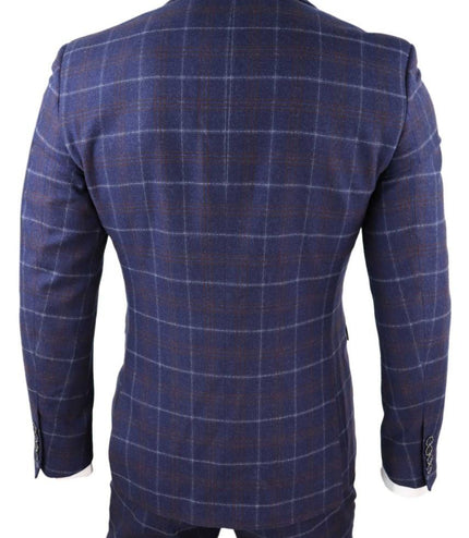 Mens 3 Piece Navy Blue Wool Check Retro Suit