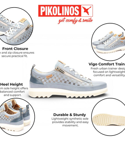 Pikolinos Women's Denim Blue Leather Lace Up Zip Trainer Sneaker Shoes - Vigo