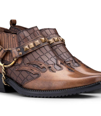 Men'S Tan Croc Leather Winklepicker Studded Western Biker Boots