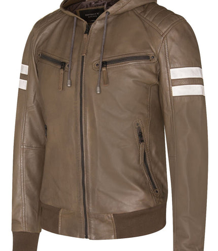 Mens Leather Hooded Retro Bomber Jacket - Skopje - Brown