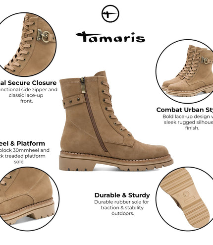 Tamaris Womens Fashion Camel Beige Leather Lace-Up Zip Combat Ankle Boots