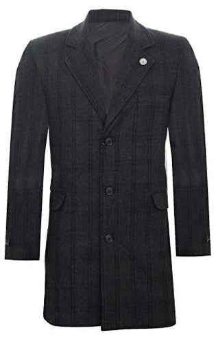Mens 3/4 Long Wool Black Check Overcoat Jacket Blinders Trench Slim Fit Coat