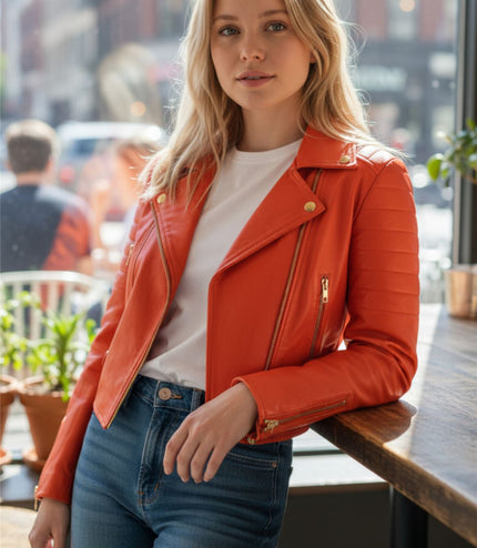 Womens Orange Cropped Brando Leather Biker Jacket-Longtown