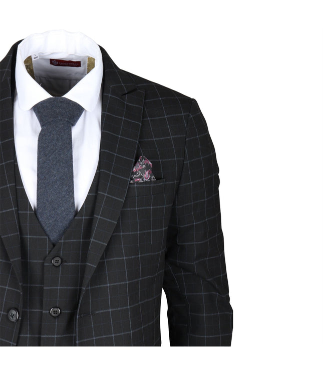 Men's Black Checked 3 Piece Suit Tailored Fit