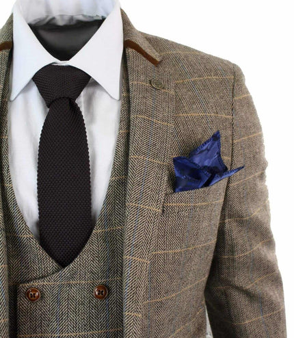 Mens 3 Piece Tan Herringbone Tweed Check Suit
