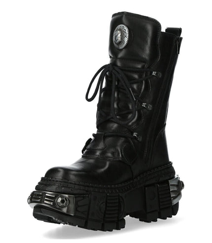 New Rock Black Mid Calf Leather Goth Boots-WALL1473-S11