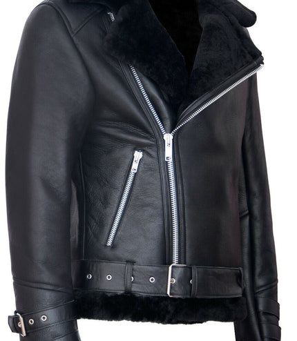 Mens Sheepskin Leather Biker Jacket-Edmonton - Black
