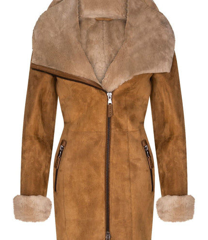 Womens Merino Sheepskin Hooded Coat-Antioch - Tan