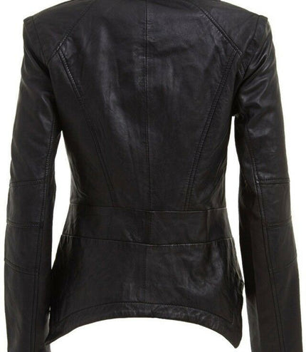 Womens Detachable Collar Leather Biker Jacket-Rosario