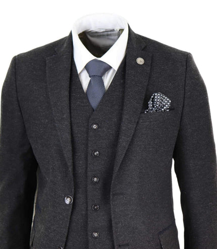 Mens 3 Piece Black Wool Tweed Vintage Retro Suit