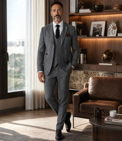 Men's Grey 3 Piece Tweed Herringbone Formal Suit -  IM4