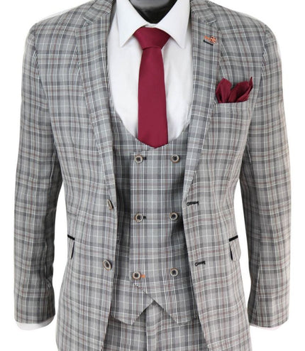 Mens 3 Piece Grey Check Retro Vintage Classic Suit