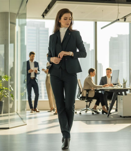 Women's Olive Three Piece Check Tailored Suit - TPW-53