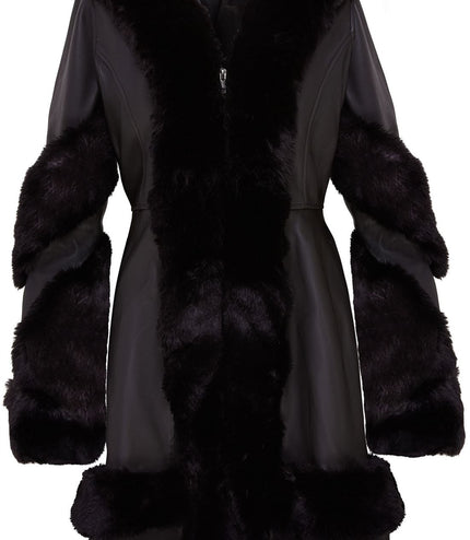 Womens Flared Black Luxury Leather Hooded Cape Coat With Fur