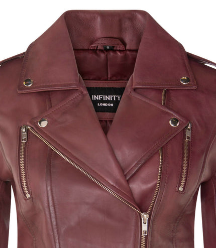 Womens Leather Brando Biker Jacket-Orlando - Burgundy