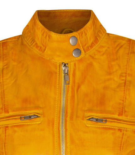 Womens Plain Leather Moto Biker Jacket-Braga - Yellow