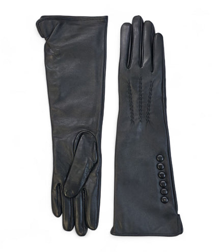 Womens Long Black Italian Leather Winter Button Design Soft Wool Lining Gloves - L-GLV-201