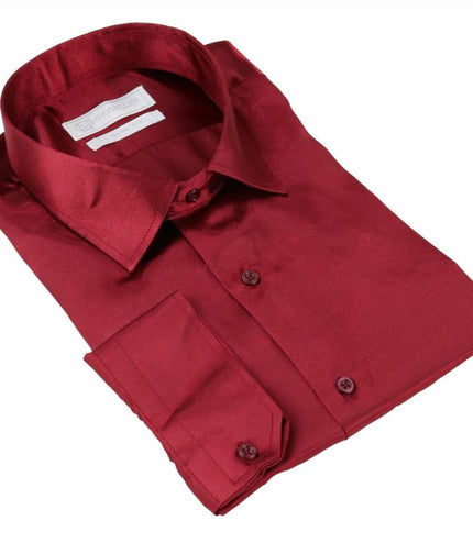 Mens Wine Satin Silk Shirt Smart Casual Button Down Cuff Tailored Fit
