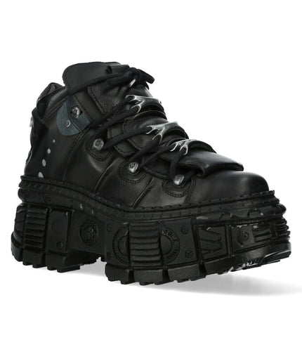 New Rock Metallic Ankle Black Leather Boots-WALL106-S12