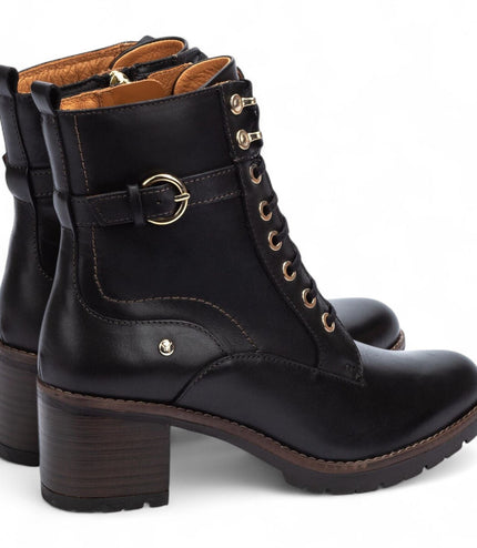 Pikolinos Women's Black Leather Mid-Heel Combat Ankle Boots - Llanes
