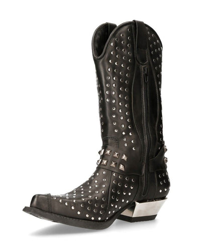 New Rock Black Leather Studded Cowboy Boots- M-7928-S1