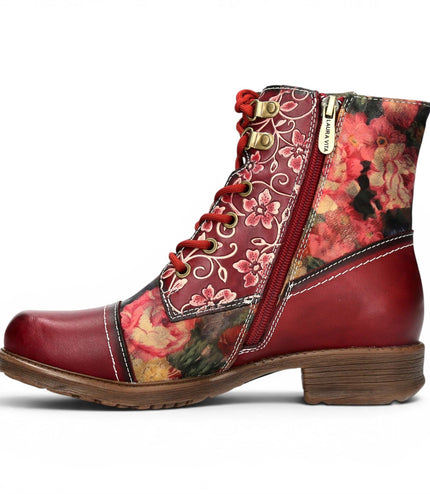Laura Vita Women's Red Floral Victorian Leather Lace-up Ankle Boots - Anitao - 11