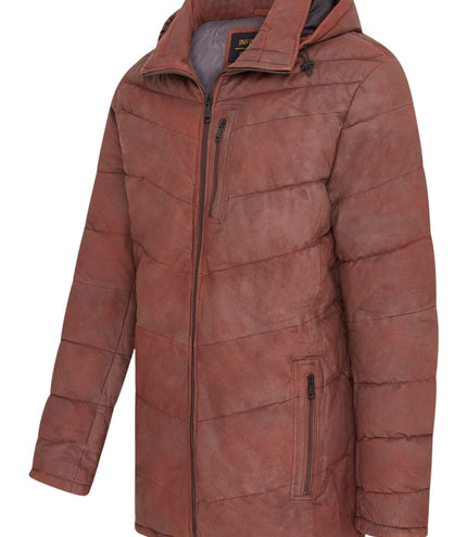 Men's Tan Brown Leather Quilted Jacket Hooded Puffer Winter Coat - Olyic