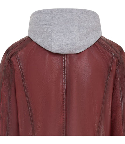 Men's Hooded Biker Lamb Leather Jacket - Burten - Ox Red