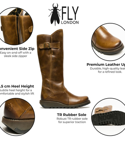 Fly London Womens Camel Brown MOL 2 Leather Wedge Heel Knee High Zip Up Boots