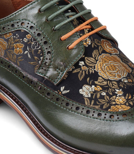 Justin Reess Men's Green Leather Floral Print Brogue Dress Shoes - Ross