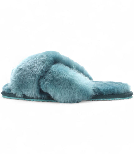 Women's Sheepskin Slippers Teal Warm Winter Fur Crossover - Snowbelle