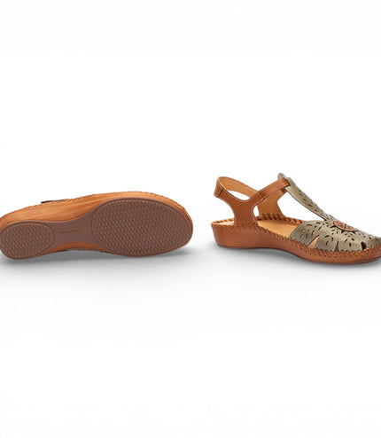 Pikolinos Women's Tan Green Leather Cushioned Wedge Sandal Shoes - P-Vallarta